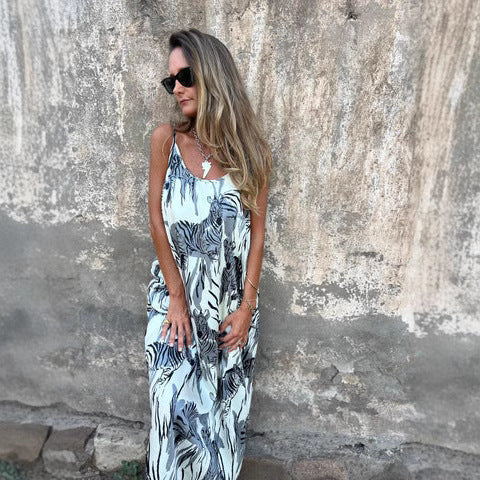 Robe longue femme – Coupe fluide – Bretelles réglables – Fibres naturelles – Poches