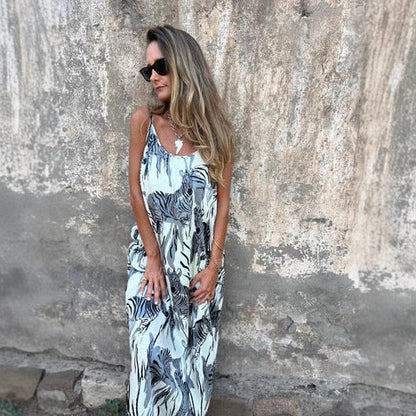 Robe longue femme – Coupe fluide – Bretelles réglables – Fibres naturelles – Poches