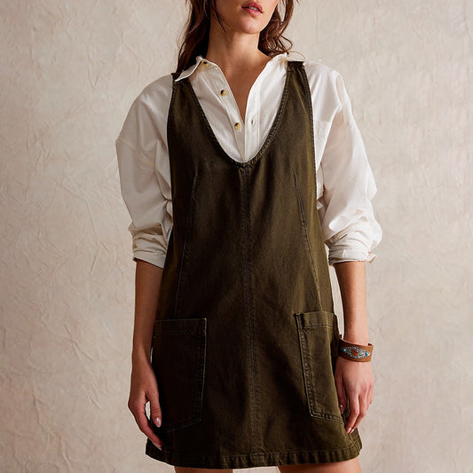 Robe femme courte – Coupe droite décontractée – Sans manches – Fibres naturelles – Poches devant