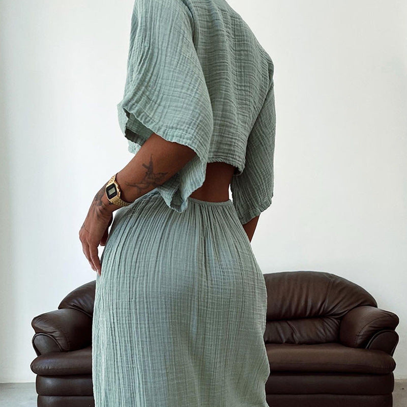 Robe longue femme – Coupe slim – Coton – Décolleté en V – Dos nu – Manches courtes