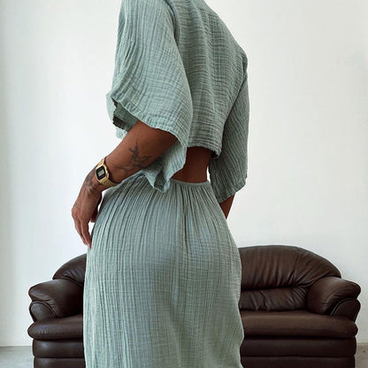Robe longue femme – Coupe slim – Coton – Décolleté en V – Dos nu – Manches courtes