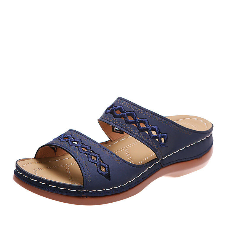 Sandales compensées femme – Design rétro ajouré – Bout ouvert – Enfilage facile