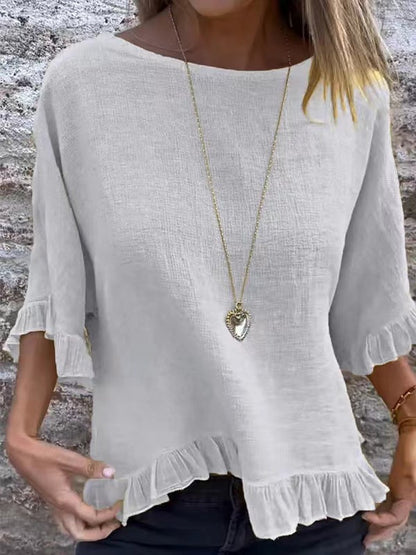 Blouse femme manches courtes – Lin coton – Coupe ample – Col rond – Ourlet volanté