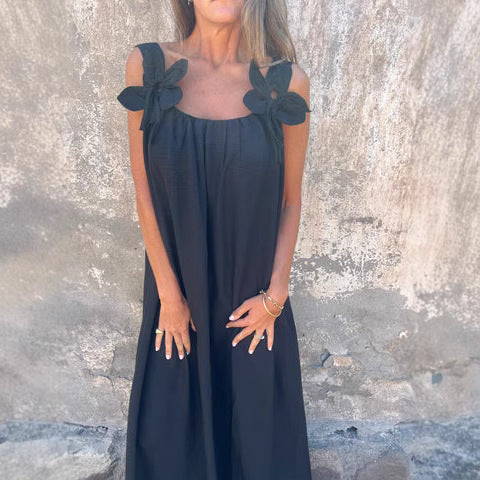 Robe longue femme – Coupe fluide – Tissu respirant – Épaules fleuries élégantes