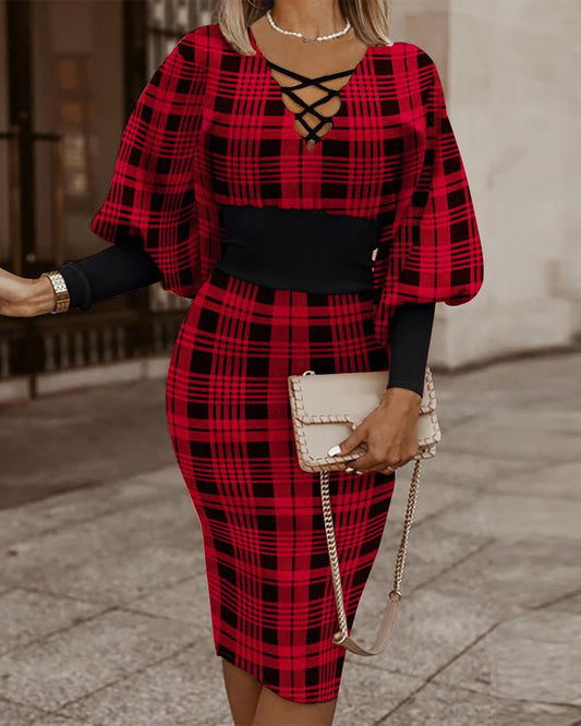 Robe moulante femme – Col cache-cœur – Manches longues – Taille cintrée – Motif à carreaux