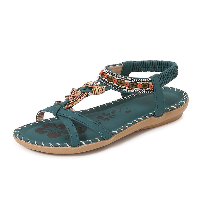Sandales plates femme – Bout ouvert – Strass et perles – Bride tressée bohème