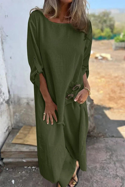 Robe femme – Coupe oversize – Longue – Manches longues – Tissu doux façon coton – Boutons côté