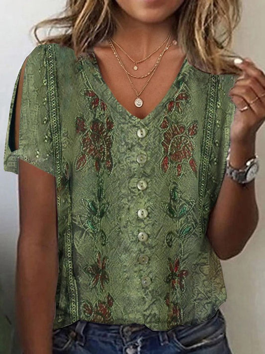 Blouse femme – Coupe décontractée – Tissu respirant – Col V – Broderie bohème