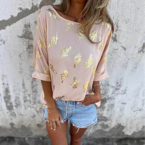 Blouse femme – Coupe décontractée – Col bateau – Manches 3/4 – Tissu léger scintillant