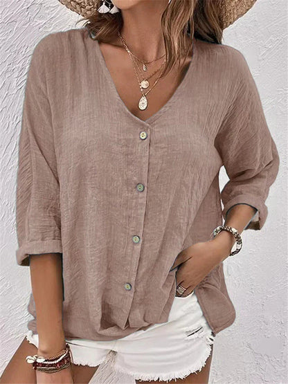 Blouse femme – Coupe décontractée – Lin – Col V – Manches 3/4 à revers