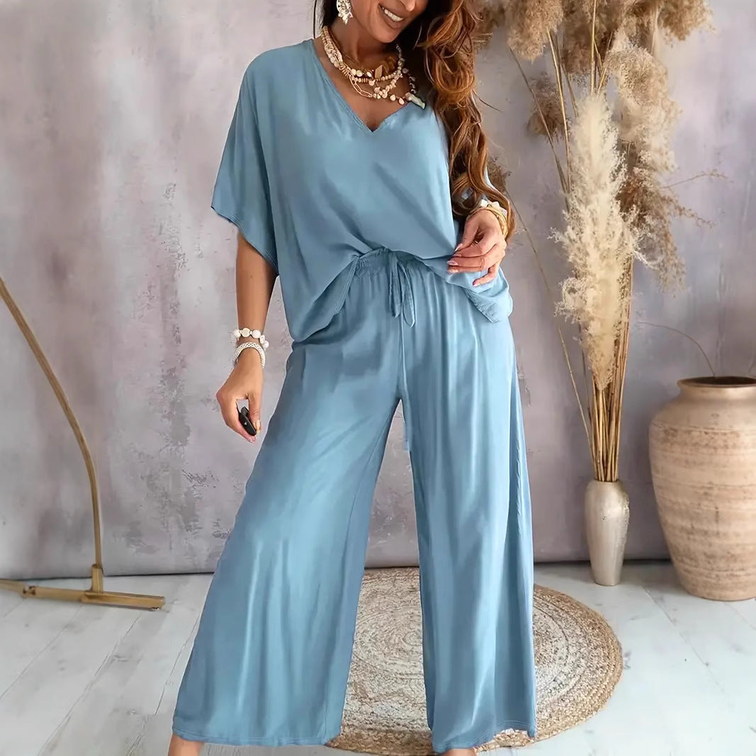 Ensemble Femme Haut Col V et Pantalon Large – Coupe Ample – Tissu Respirant Doux