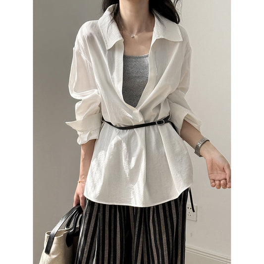 Blouse femme – Col à revers – Manches longues – Coupe ample – Ceinture intégrée