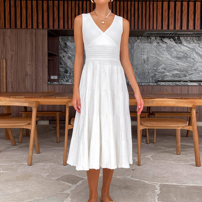 Robe midi femme – Coupe ajustée – Sans manches – Col V – Jupe plissée fluide