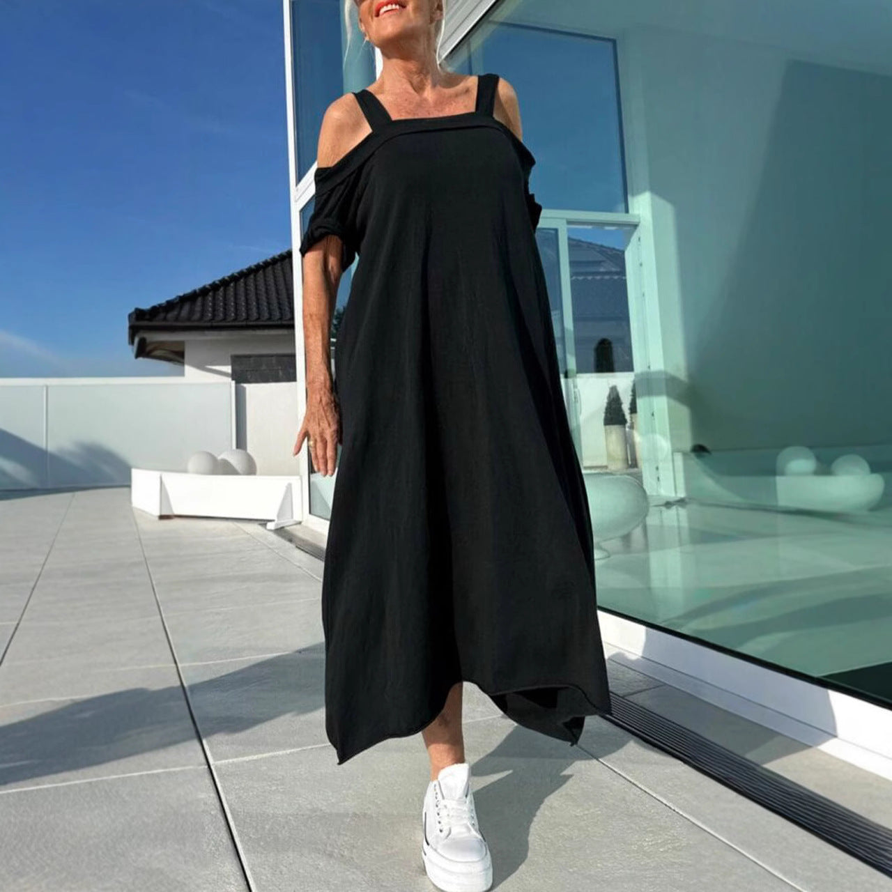 Robe longue femme – Épaules dénudées – Coupe ample – Coton