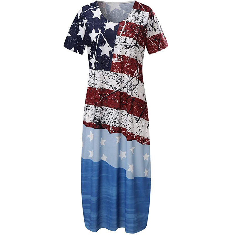 Robe longue femme – Coupe ample – Col en V – Manches courtes – Imprimé graphique – Coton