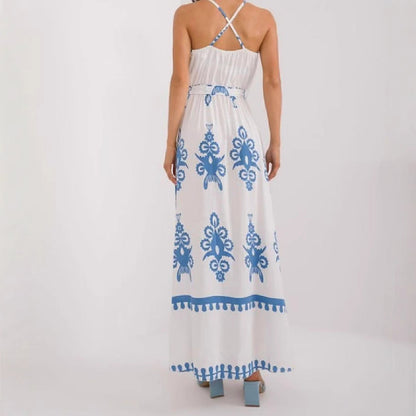Robe longue femme – Coupe fluide – Décolleté en V – Sans manches – Ceinture – Coton imprimé