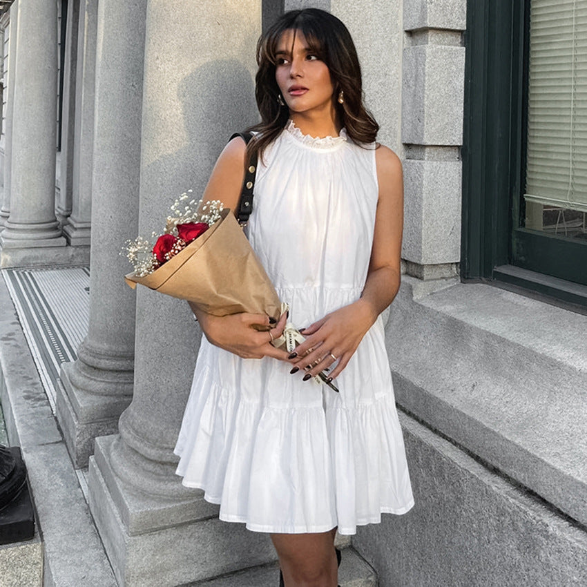 Robe femme trapèze – Sans manches – Col haut – Ourlet volanté