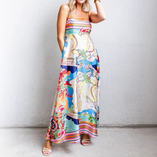 Robe longue femme – Coupe fluide – Taille haute – Bretelles fines