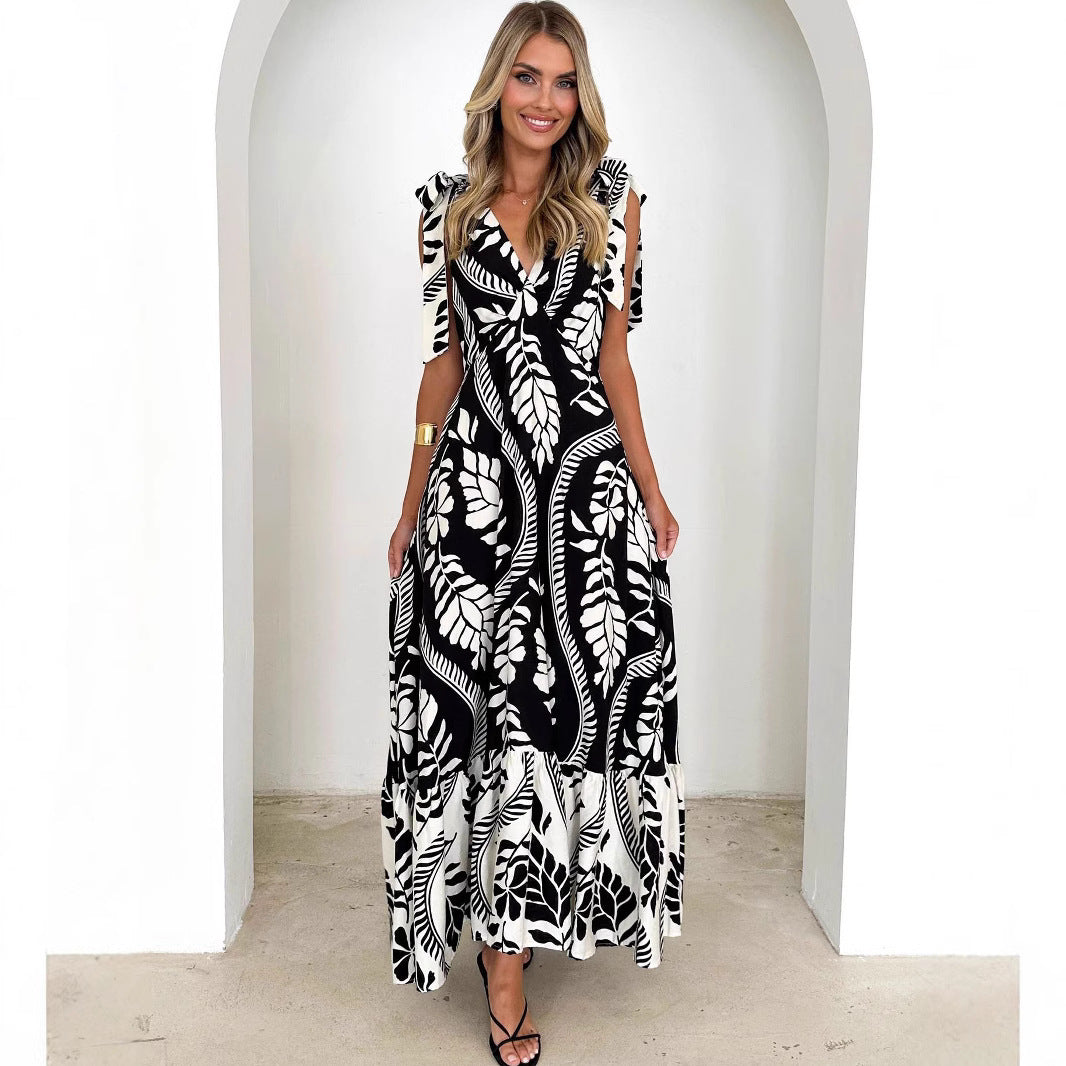 Robe longue femme – Décolleté en V – Sans manches – Imprimé artistique – Tissu léger