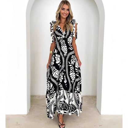 Robe longue femme – Décolleté en V – Sans manches – Imprimé artistique – Tissu léger