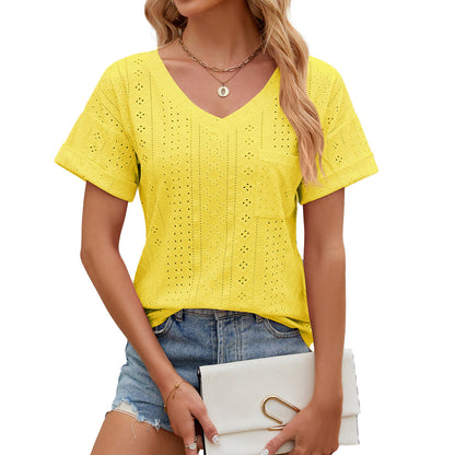 T-shirt femme – Coupe décontractée – Col V – Motif brodé – Manches courtes – Tissu respirant