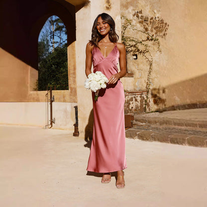 Robe de soirée femme – Satin lisse – Fendue – Sans manches – Dos nu – Décolleté V
