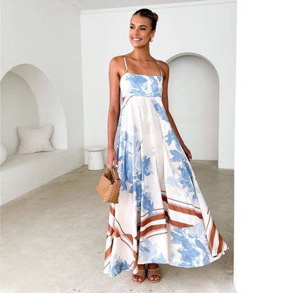 Robe longue femme – Dos nu – Coupe évasée – Tissu respirant – Imprimé fleuri