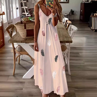 Robe longue femme – Sans manches – Imprimé feuilles – Col en V – Coupe fluide respirante