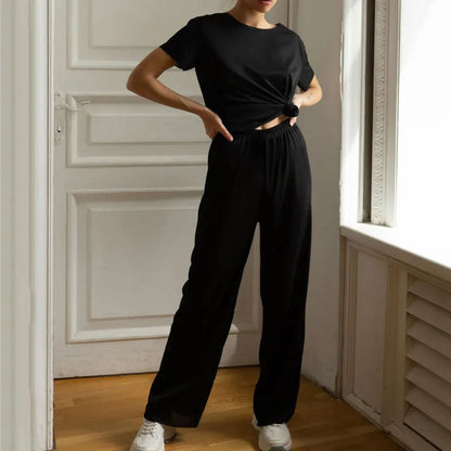 Women's Loungewear Set – Cropped Top Short Sleeves – Wide Pants – Drawstring Waist