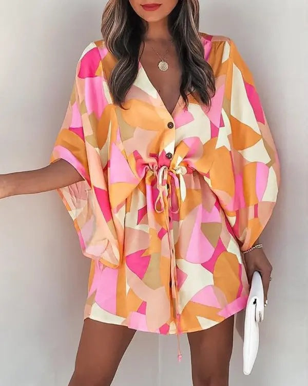 Robe femme décontractée – Coupe fluide – Mini longueur – Manches volantées – Taille à nouer