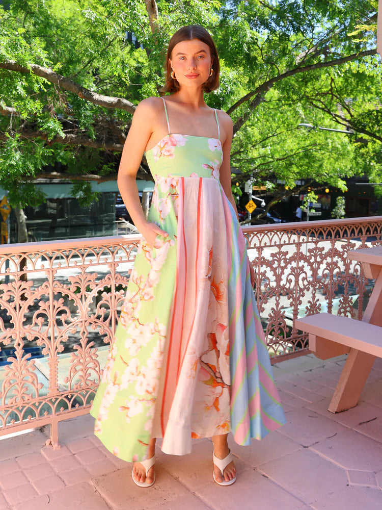 Robe femme maxi – Coupe fluide – Tissu respirant – Bretelles fines – Imprimé artistique