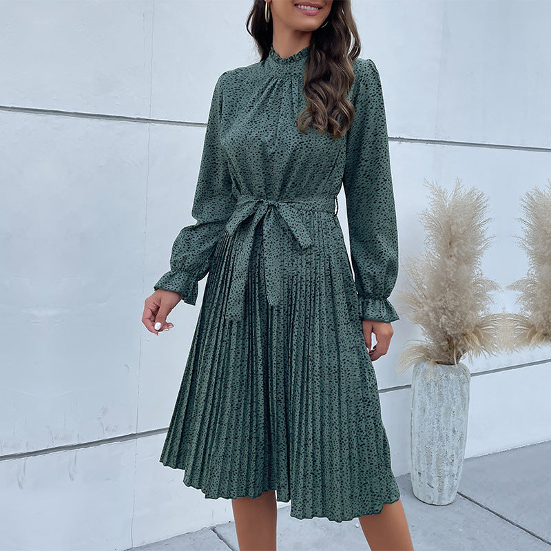 Women's midi dress – Tailored fit – Long sleeves – Stand-up collar – Belted waist