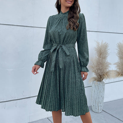 Women's midi dress – Tailored fit – Long sleeves – Stand-up collar – Belted waist