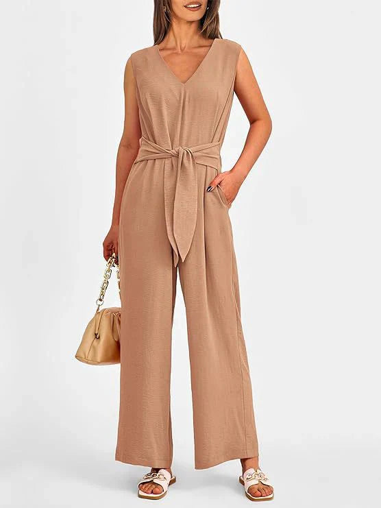 Combinaison femme – Coupe ample – Sans manches – Décolleté en V – Ceinture à nouer
