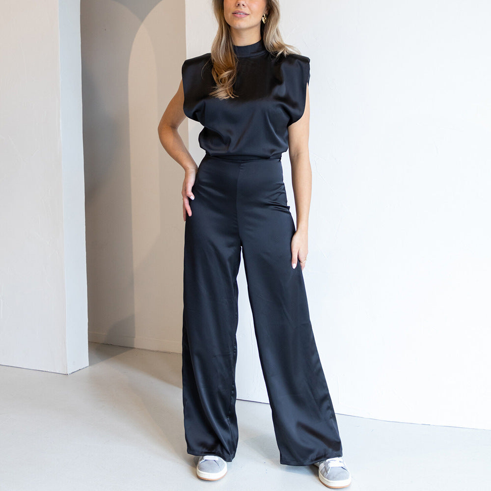 Combinaison Femme – Finition Satinée – Sans Manches – Dos Nu – Jambes Larges – Coupe Ample