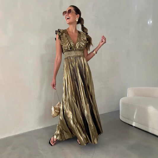 Robe de soirée femme – Coupe évasée – Satiné – Décolleté volanté – Jupe plissée maxi