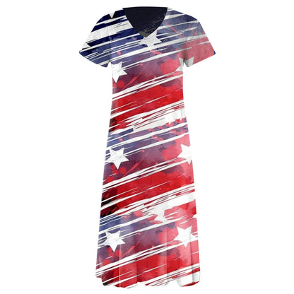 Robe longue femme – Coupe ample – Col en V – Manches courtes – Imprimé graphique – Coton