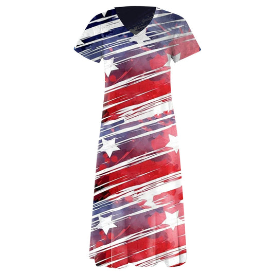 Robe longue femme – Coupe ample – Col en V – Manches courtes – Imprimé graphique – Coton