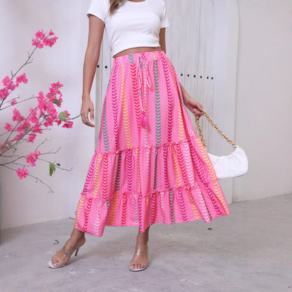 Jupe longue femme – Coupe fluide – Style bohème – Taille lien à pampilles – Coton