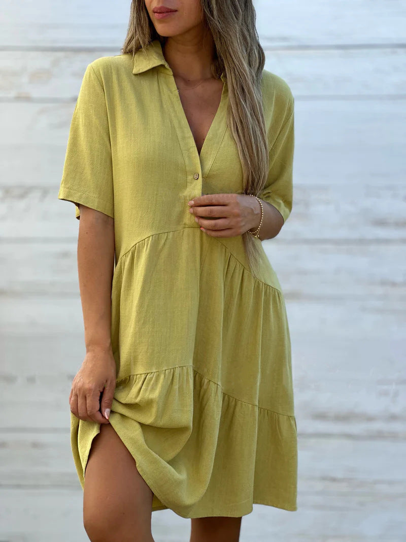 Robe femme midi – Coupe ample – Manches courtes – Col chemise – Fibres naturelles
