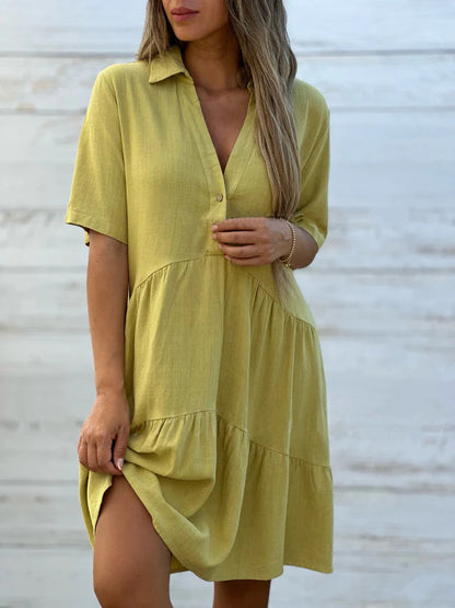 Robe femme midi – Coupe ample – Manches courtes – Col chemise – Fibres naturelles