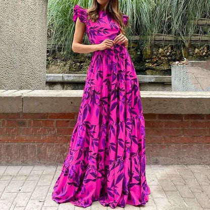 Robe longue femme – Coupe évasée élégante – Manches volantées – Jupe à étages – Imprimé audacieux