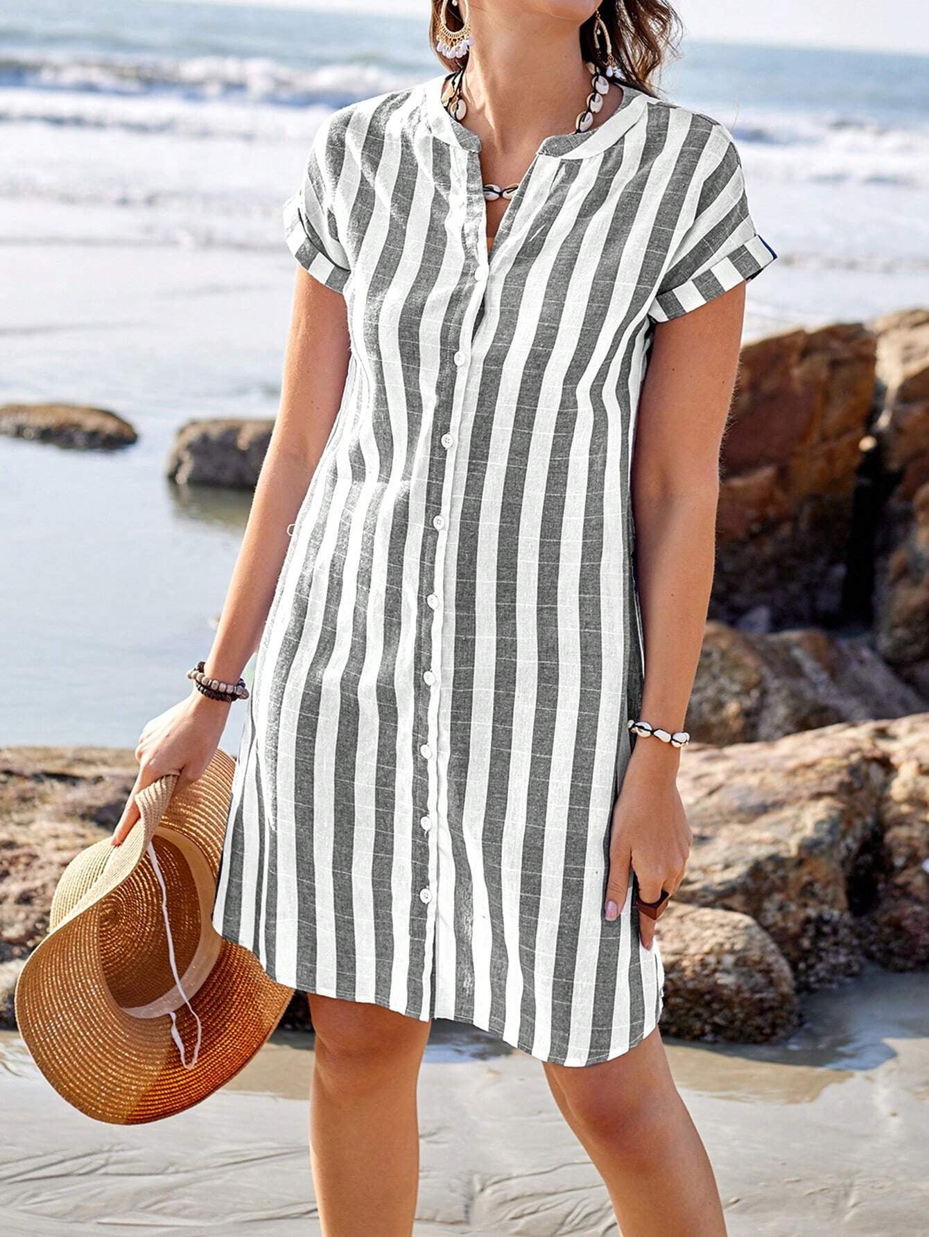 Robe chemise femme – Coupe ample – Rayures verticales – Manches courtes – Coton