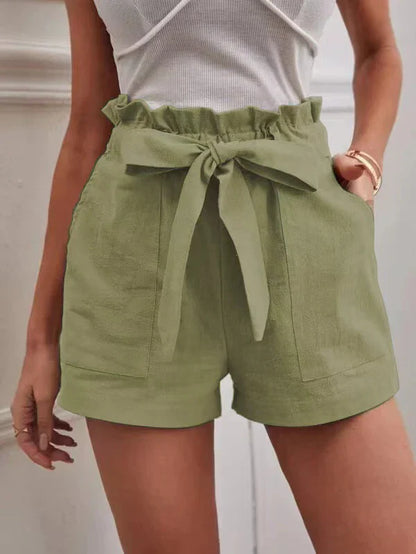Short Femme – Taille Haute – Lin – Coupe Ample – Ceinture – Poches Avant
