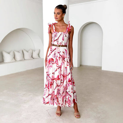 Robe longue femme – Bretelles réglables – Buste smocké – Jupe fluide à volants – Imprimé fleuri