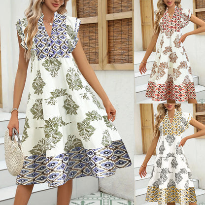 Robe midi femme – Coupe décontractée – Col en V – Manches courtes – Tissu respirant imprimé