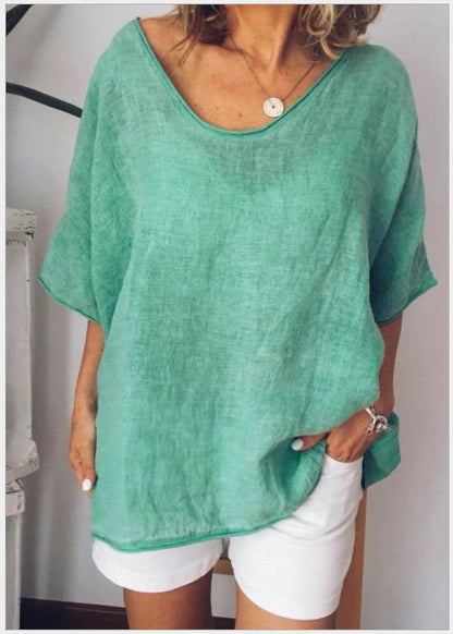 T-shirt Femme – Coupe Ample – Lin et Coton – Manches Courtes – Col en V Casual