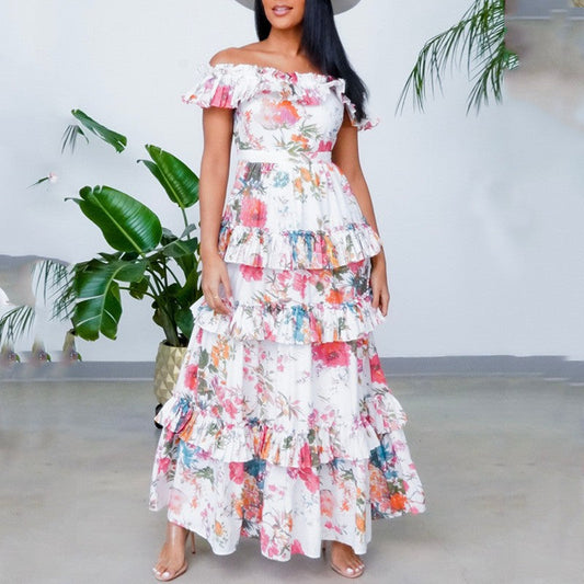 Robe longue femme – Fibres naturelles – Épaules dénudées – Volants à étages – Coupe fluide