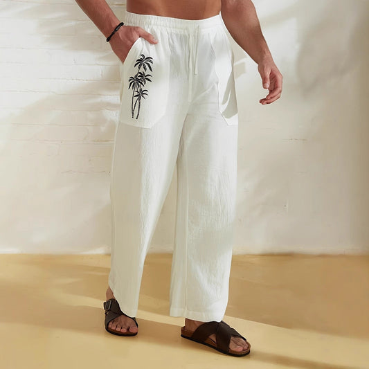 Pantalon homme large – Coupe décontractée – Tissu respirant – Imprimé palmier – Cordon ajustable