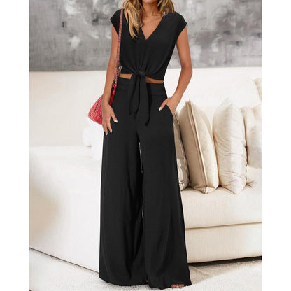 Women's 2-piece set – Cropped tie-front V-neck top – High-waisted wide-leg pants